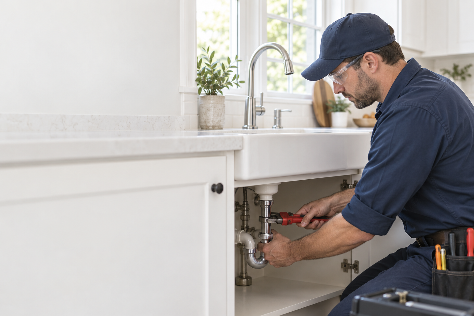 Illustrative tradesperson at a sink, not a Jackowski employee